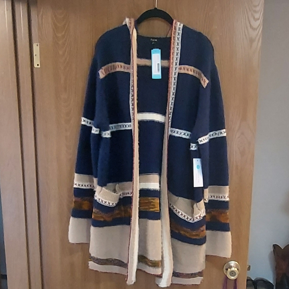 Fate Large Dark Blue, Striped, Hooded, Open Sweater With Pockets